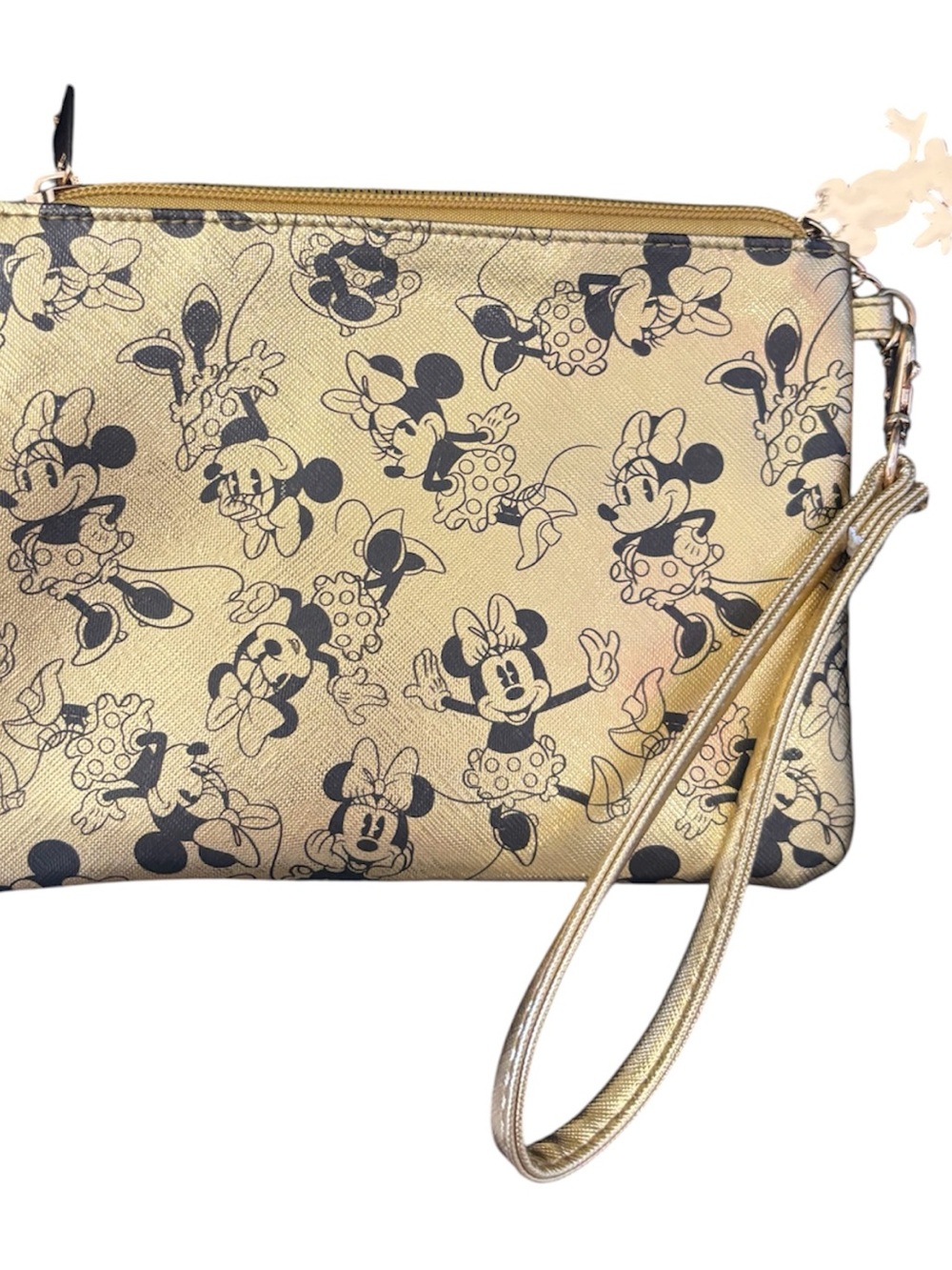 Disney Gold Minnie Mouse Wristlet Clutch with Black Print